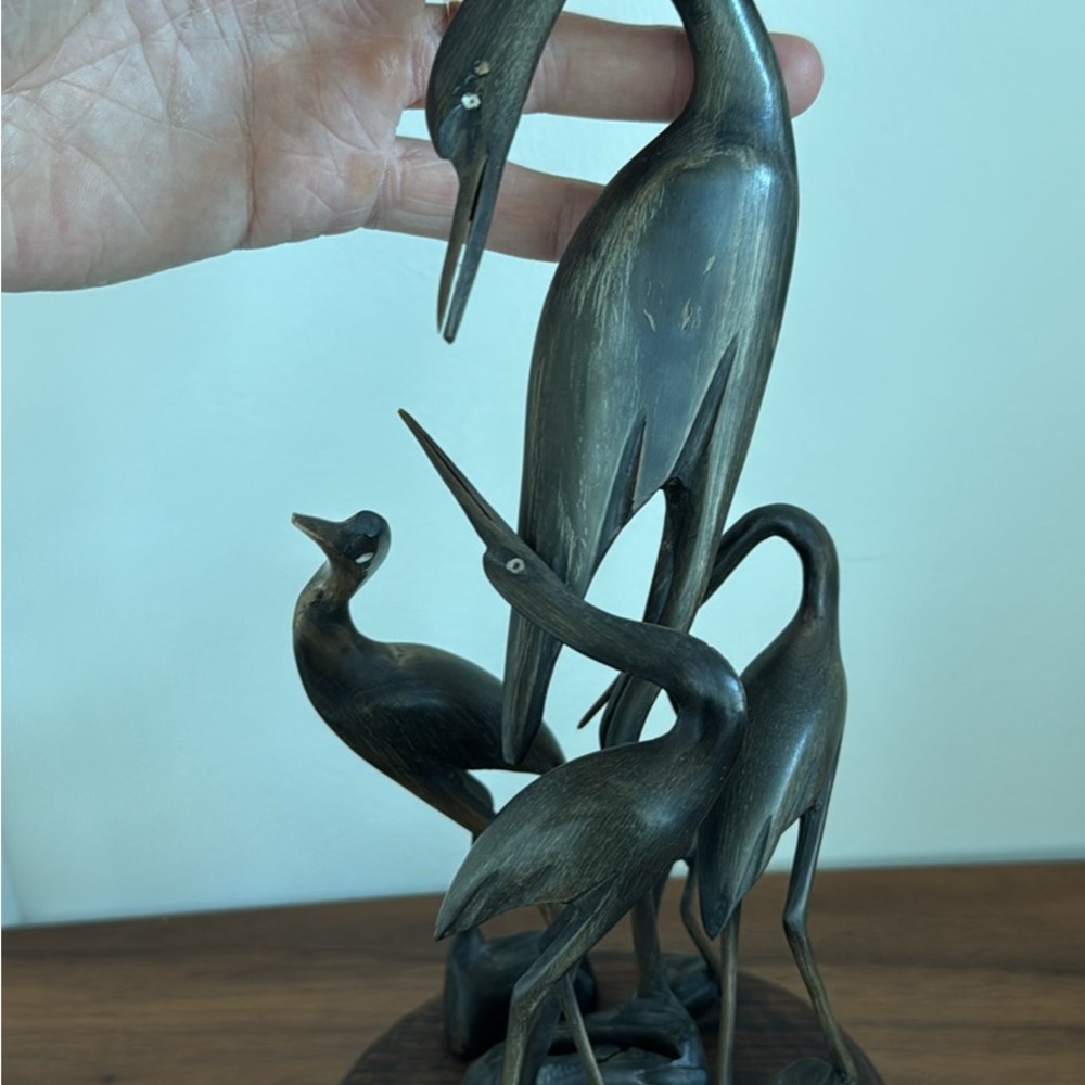Hand-Carved hornware Crane Family Sculpture - Dark Brown